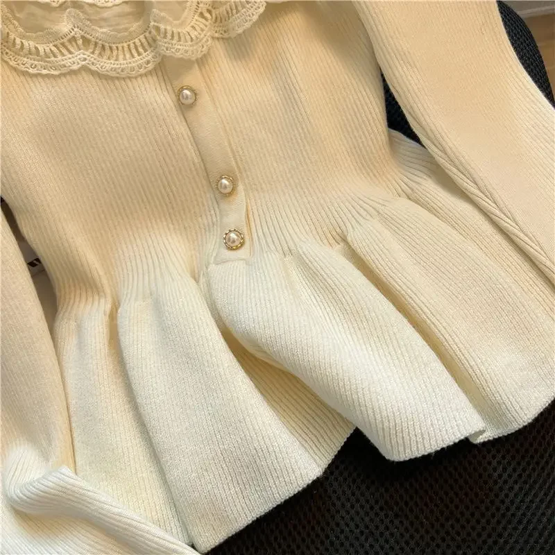 2023 Autumn Winter New Bottoming Pull Femme O Neck Lace Patchwork Sweet Gentle Sweater Y2k Vintage Chic Breasted Pleated Jumpers