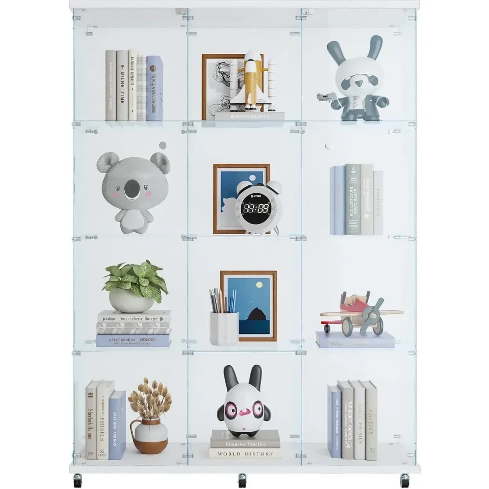 XMSJ Glass Display Cabinet, Curio Cabinets for Living Room, Bedroom, Floor Standing Glass Bookshelf, Quick Installation