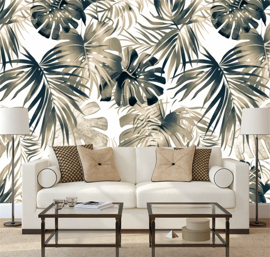 French style tropical rainforest plant leaf wallpaper sofa bedroom dining room headboard decoration custom mural