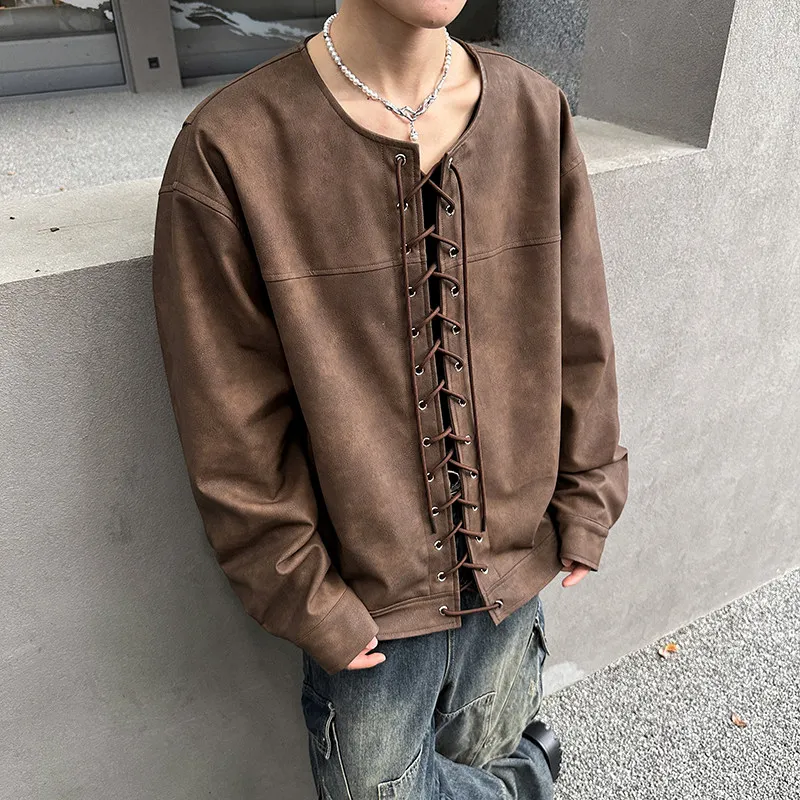ريترو براون جلد Jaet الرجال طوق سستة تصميم شارع العليا Sle طويل Sve يندبروف الوقوف صالح الشباب Faion #2