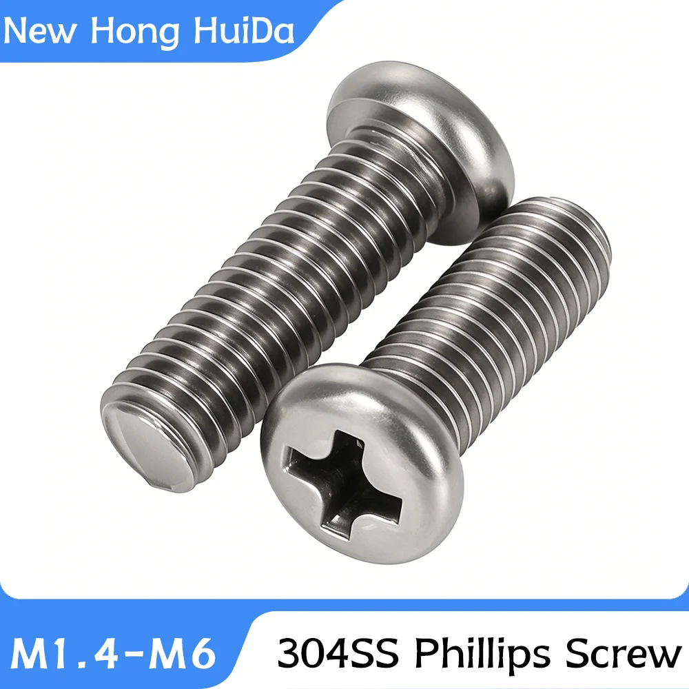 

304 Stainless Steel Pan Head Phillips Screws M1.4-M6 Round Cross Bolts Metric Thread Metal Fasteners Computer Machine Bolts