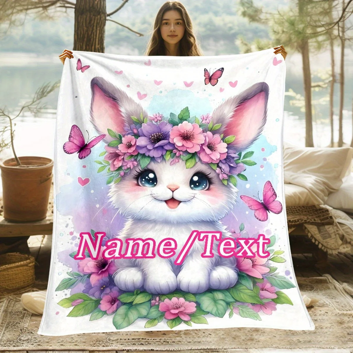 Customized name rabbit flannel blanket, suitable for sofa, bed, birthdays, children, friends, gifts