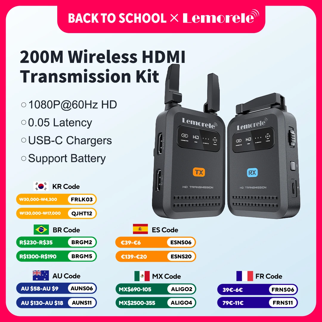 Transmissor e Receptor HDMI Sem Fio Lemorele 200m 1080P com Baixa Latência, Extensor HDMI para Fotografia e Transmissão Ao Vivo