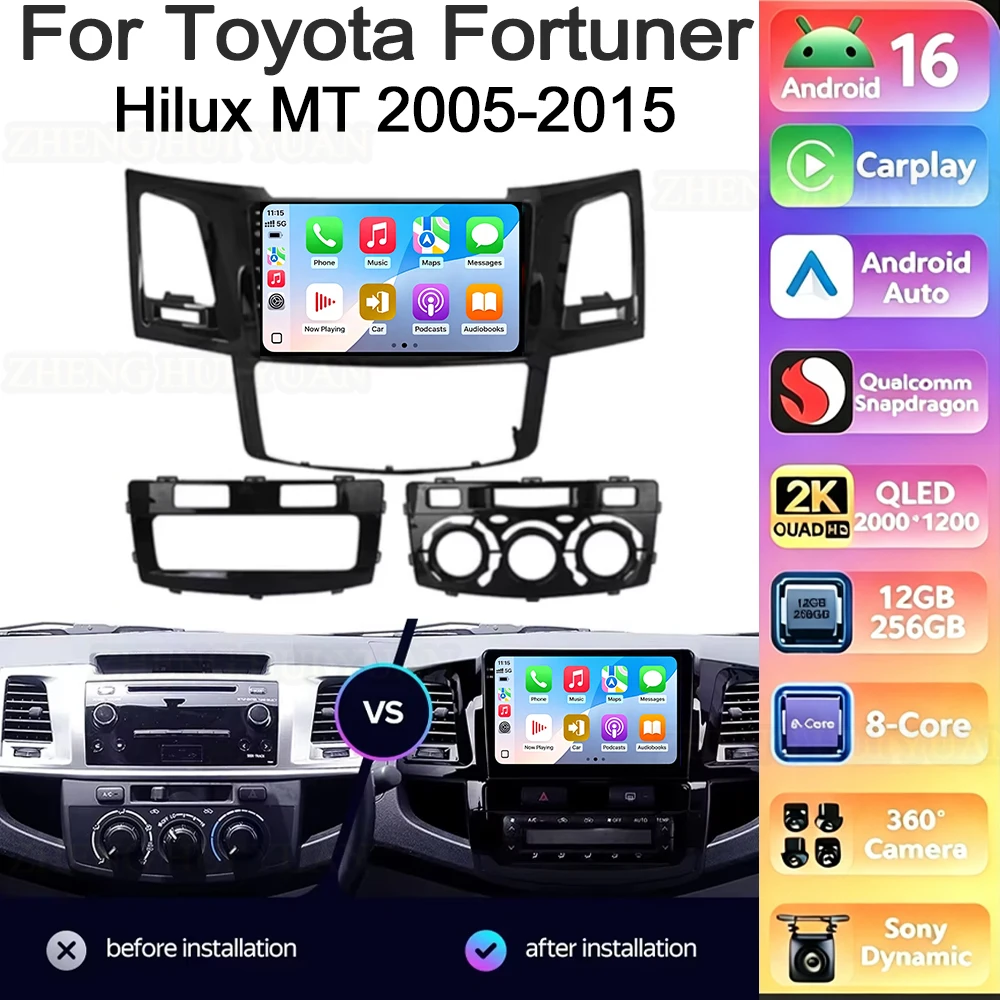 Android 16 CarPlay&Auto For Toyota Fortuner Hilux MT 2005-2015 Car Radio Stereo GPS Navigation Multimedia Player Wireless WIFI