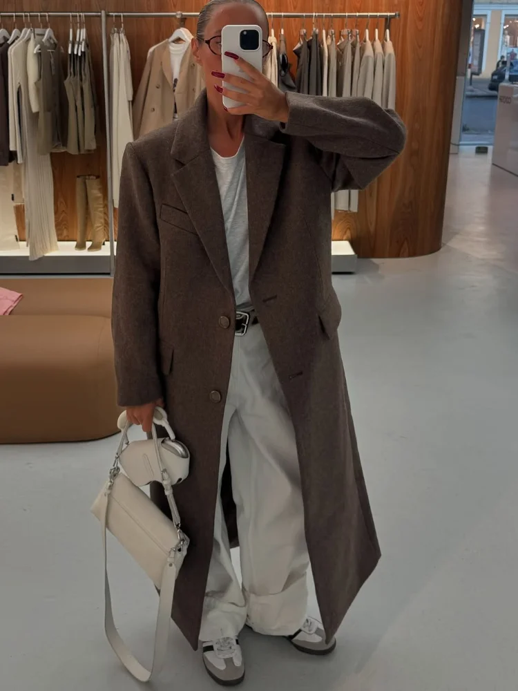 เสื้อโค้ทผ้าวูลผสมสีน้ำตาล แขนยาว ปกเสื้อแบบปกเชิ้ต ติดกระดุมแถวเดียว สไตล์ผู้หญิงหรูหรา สำหรับฤดูใบไม้ร่วง ปี 2025 เหมาะสำหรับใส่ทำงาน