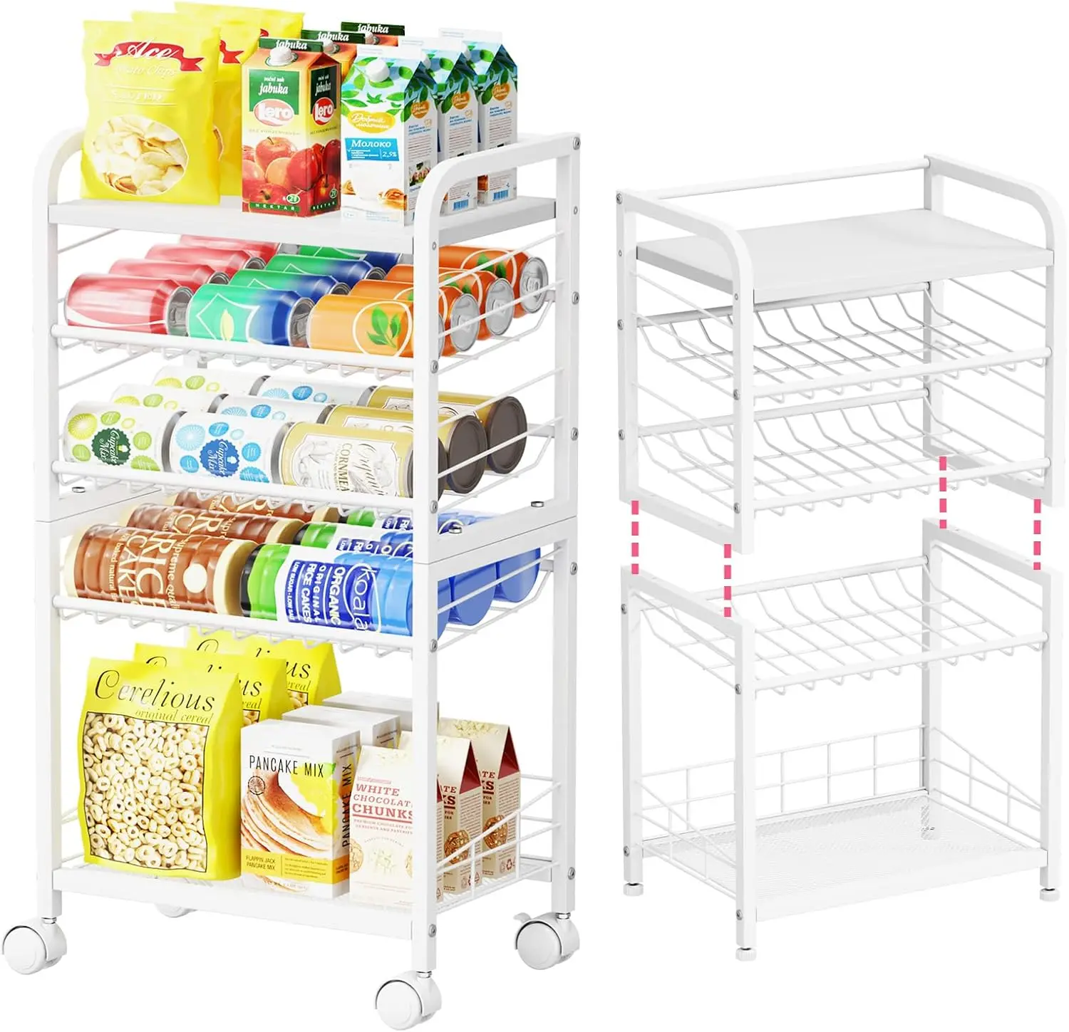 Can Organizer for Pantry - Stackable Rolling Snack Cart, Soda Can Organizer, Multi-Functional Shelf with Adjustable Whee