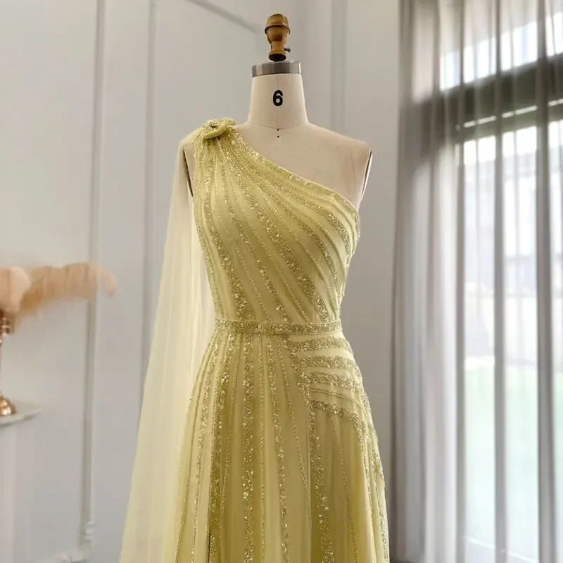 TaoYao Yellow Tulle Luxury Prom Dress One Shoulder Illusion Beaded Sequin Sleeveless Floor-Length Formal Occassion Dress 2023