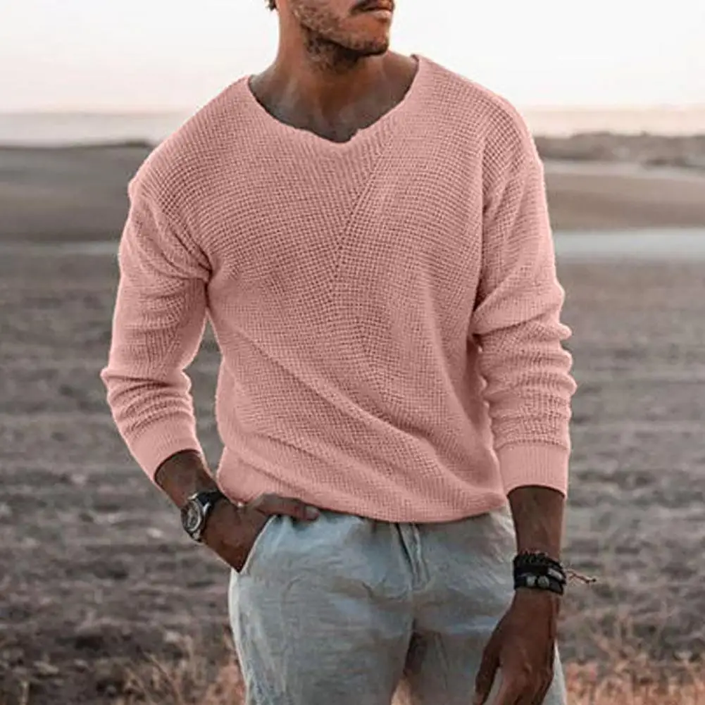 2022 Spring Men Sweater Fashion Solid Color V Neck Long Sleeve Knitted Pullover Sweater Soft Slim Casual Sweater