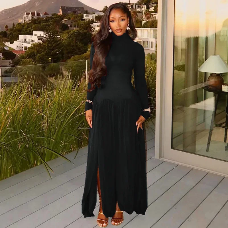 

2025 Elegant Solid Color Long Dress Women High Neck Ruched Design Slim Fit Long Sleeve Split Hem Chic Temperament Bodycon Wear