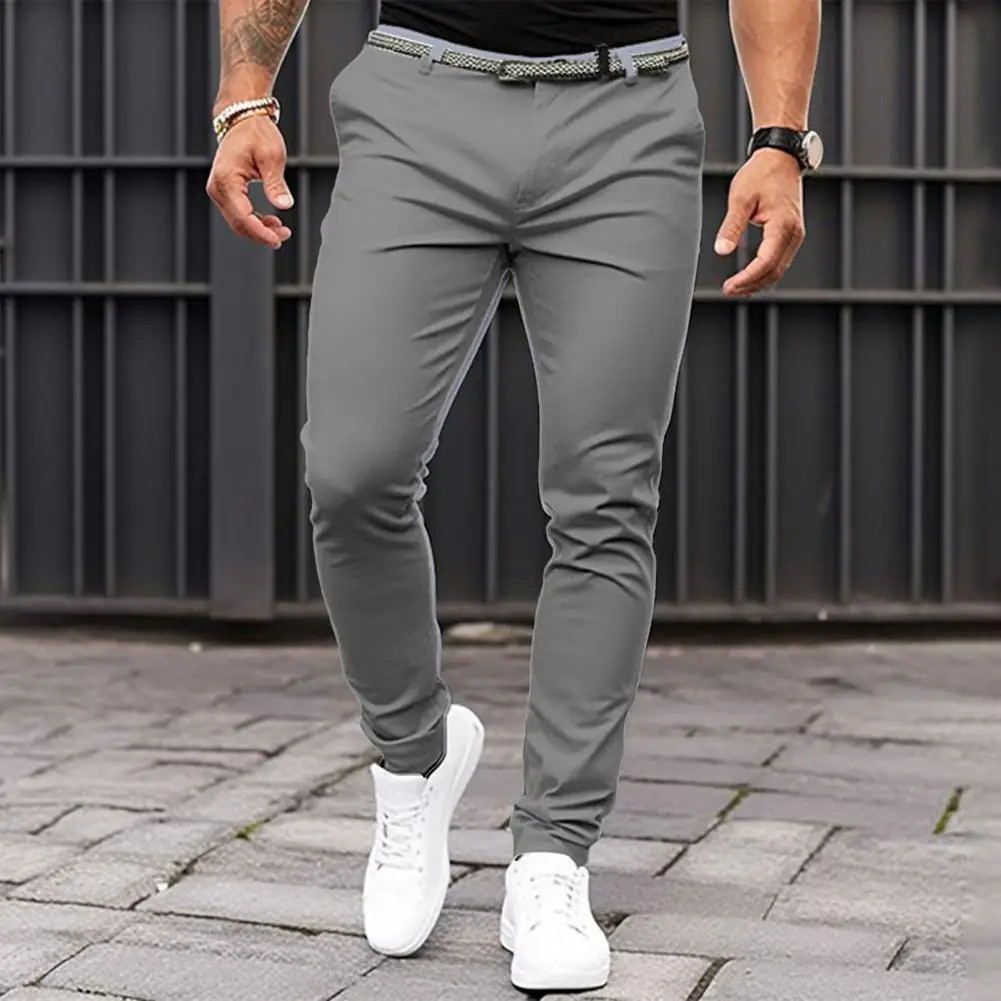 Slim Fit Suit Pants Men\'s Slim Fit Solid Color Suit Pants with Mid-rise Slant Pockets Zipper Fly Business Office for Workwear