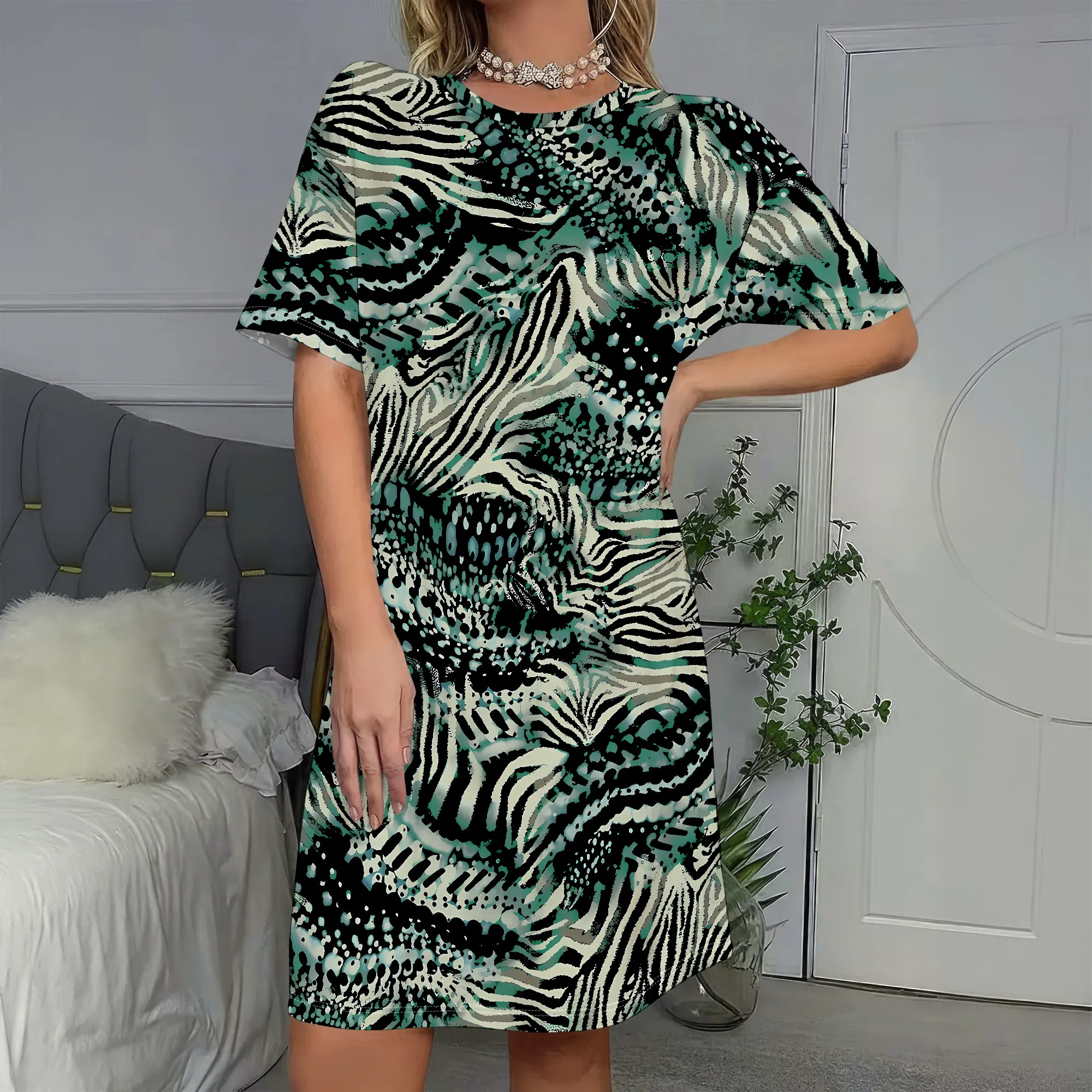 Abstract Zebra Print, Short Sleeve Dress, Loose Fit Shift Dress, Green & Black Pattern, Casual Party Wear, S-2XL