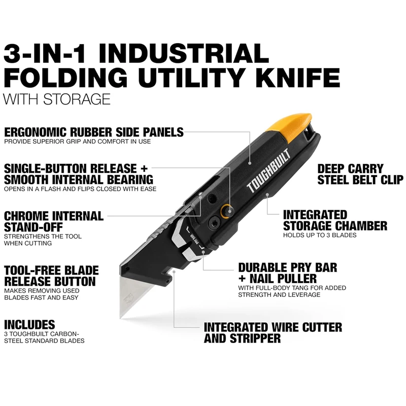 TOUGHBUILT TB-H4-12-IST Pry Bar Utility Knife With Storage 3 Blades Quick Flip Included Multi-function Hand Tools