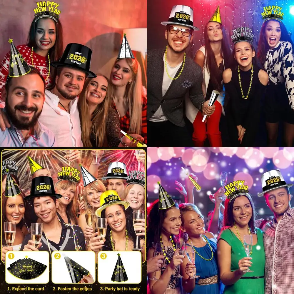 

100 предметов новогодних праздничных аксессуаров на 50 гостей: бумажные колпаки, пневмоинструменты и сувениры для вечеринки в золотом, серебряном и черном цветах