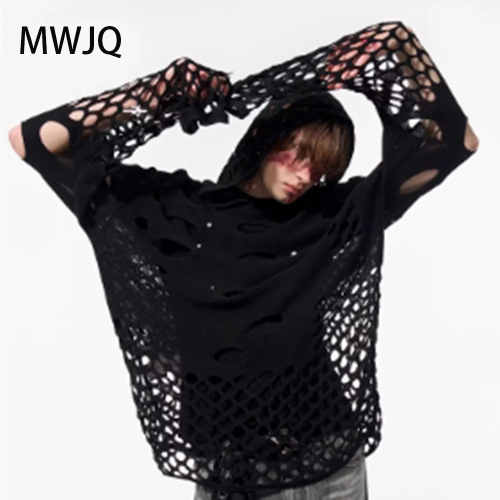 

MWJQ Мужской нишевый дизайн, ажурный свитер с капюшоном, украшение, модный мужской трикотаж, весна 2024, пуловер с длинными рукавами, топы 010234