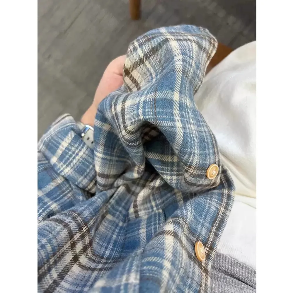 

American Style Brushed Plaid Shirt Men's Long Sleeve Vintage Flannel Print Casual Button-Up Fashion Spring Autumn Wear
