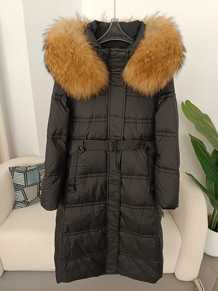 معطف نسائي لعام 2025 بياقة من فرو الثعلب الراكون الحقيقي وطبيعي سميك ودافئ معطف شتوي طويل وحزام ملابس خارجية ملابس خروج #3