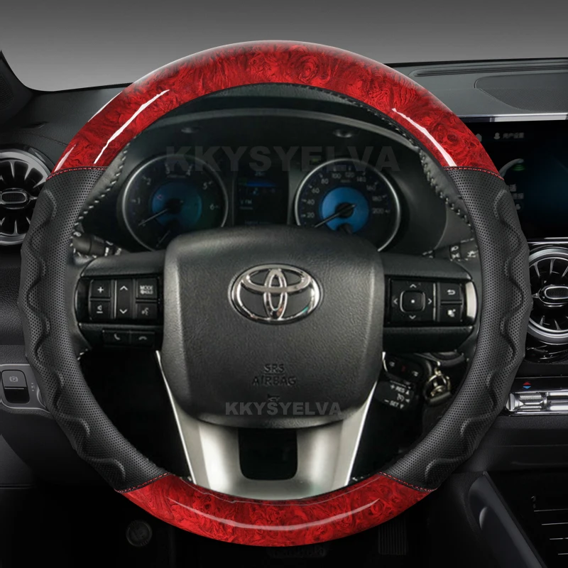 Mahogany Wood Grain 38cm Car Steering Wheel Cover For Toyota Fortuner 2016-2019 2021 Hilux 2015-2019 2020 2022 Auto Accessories