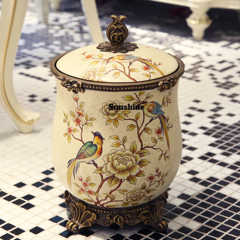 

European Vintage Resin Trash Can with Lid Decorative Living Room Bin Household Waste Basket Storage Container for Home Decor