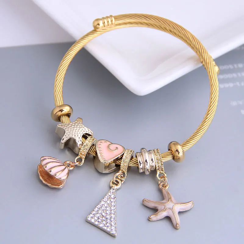 Fashion New Exquisite Triangle Starfish Pentagram Shell Stainless Steel Adjustable Charms Bangles Jewelry Gifts for Women