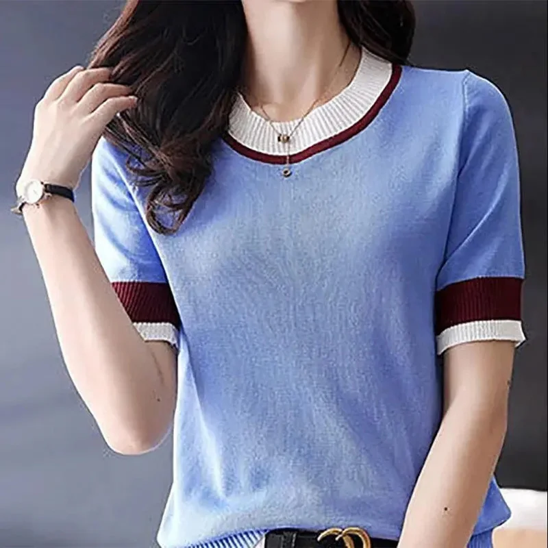 Casual O-neck Knitted Spliced Loose Korean Blouse Women\'s Clothing 2023 Summer New Pullovers Short Sleeve Fashion Commute Shirts