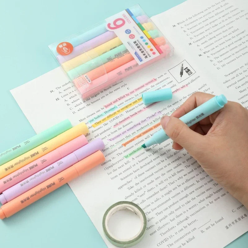 6Pcs/set Pastel Color Macaron Highlighter Pen Marker Pens Fluorescent Pen Drawing Highlighters Cute Stationery School Supplies