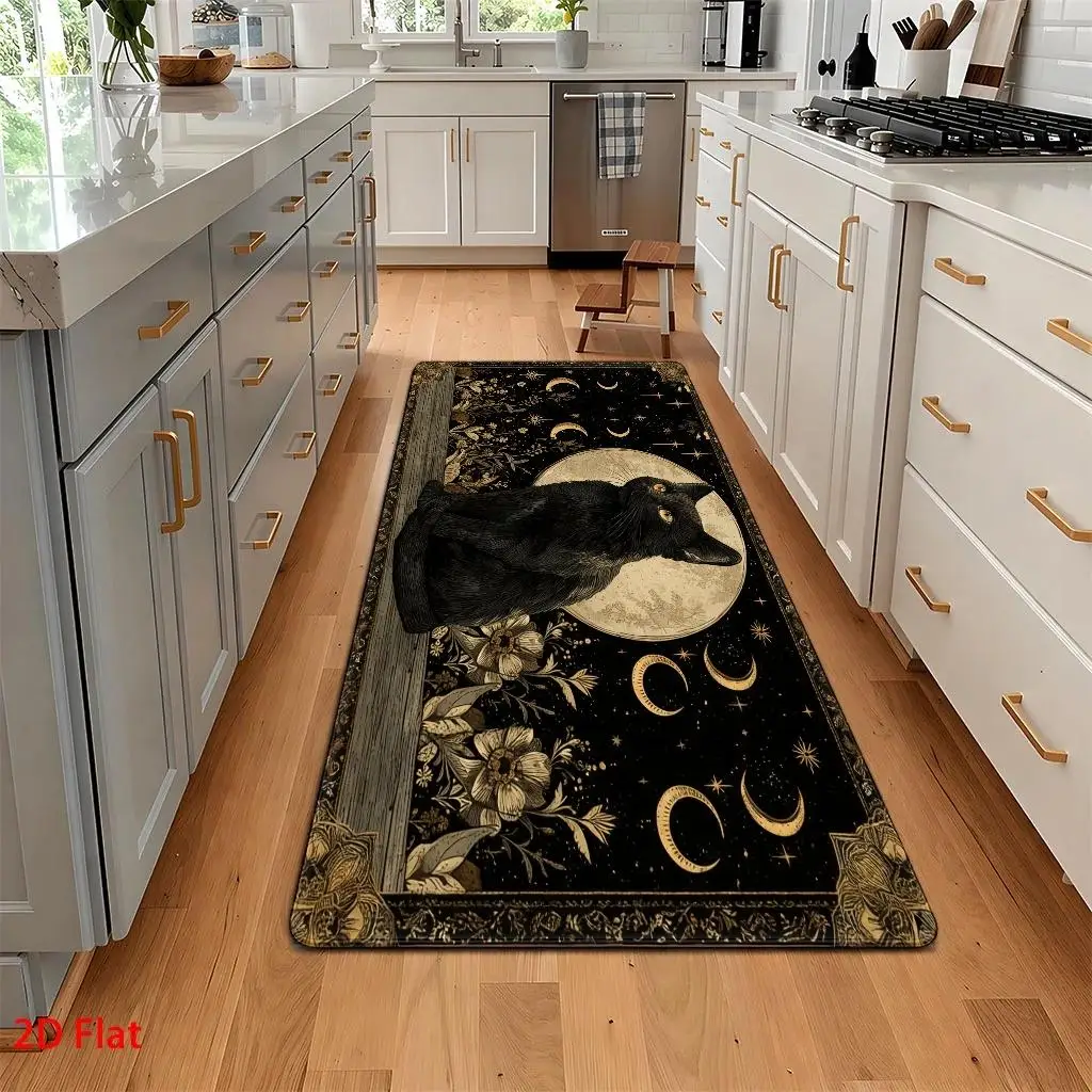 Vintage Mysterious Black Cat Moon Flower Non - Slip Absorbent Kitchen Doormat, Wear - Resistant And Dirt - Resistant, Machine