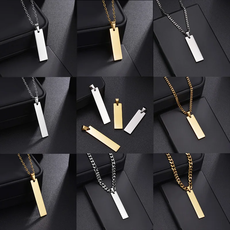 High Quality Stainless Steel Blank Rectangle Tag Necklace For Women Men Punk Hip Hop Thick Chain Pendant Jewelry Gift Wholesale