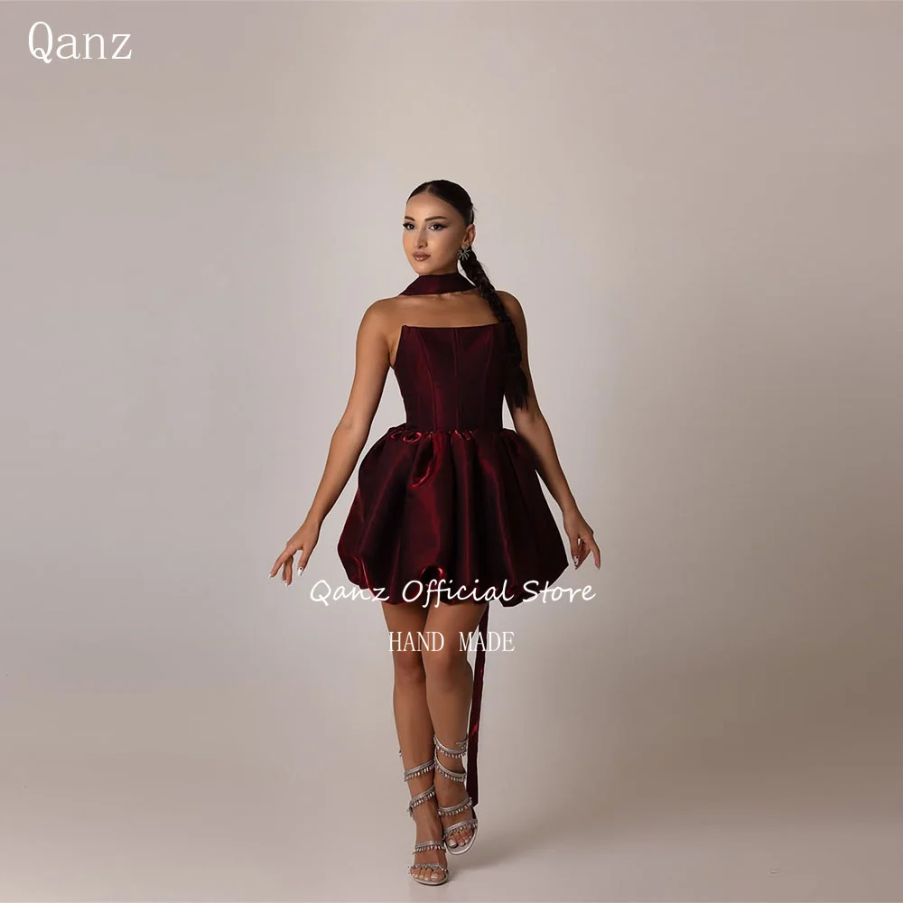 

Qanz Dark Burgundy Prom Dresses Short A Line Puffy Homecoming Dress Glitter Satin Strapless Birthday Party Gowns Customized