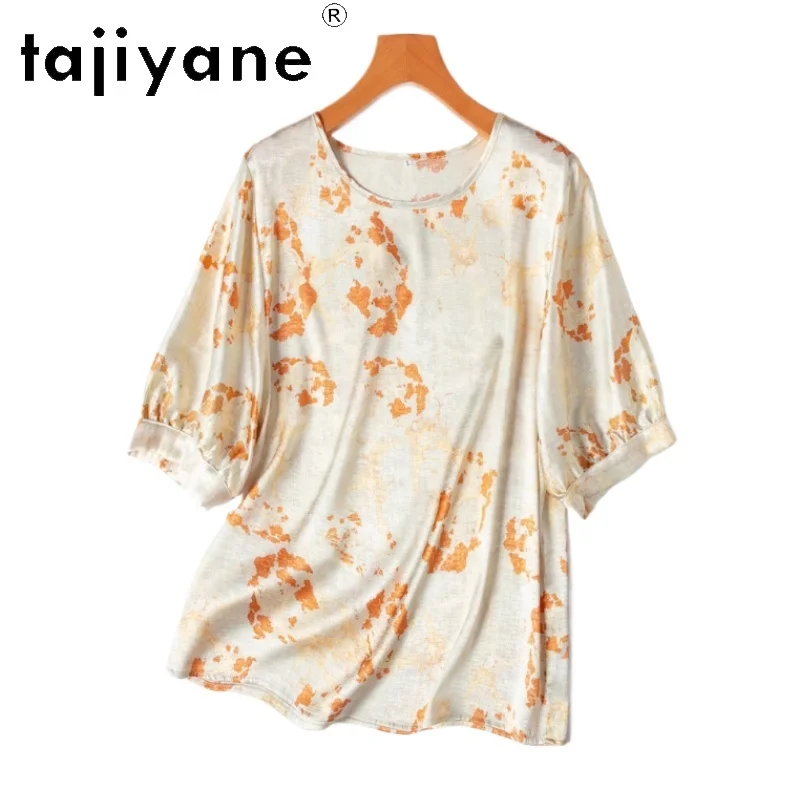 

TAJIYANE 92% Mulberry Silk T Shirts Woman Casual Half Sleeved T Shirt Lantern Sleeves Summer Tops 2025 Women Clothing Футболка