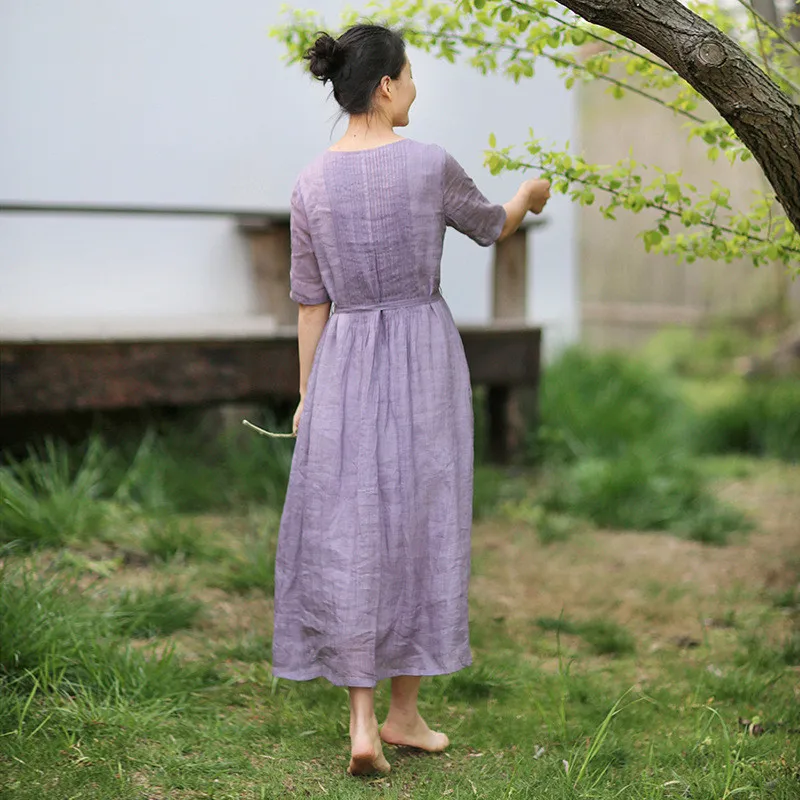 Verão 2025 novo sle luz malva linho fino plissado dr ele dupla camada não leve longo casual svel dr