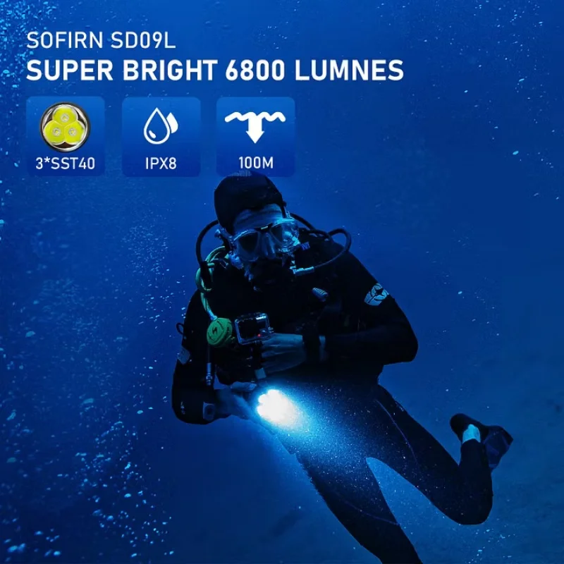 Sofirn SD09L LED Flashlight 6800lm 21700 USB Rechargeable Underwater Waterproof Torch SST40 Diving Light