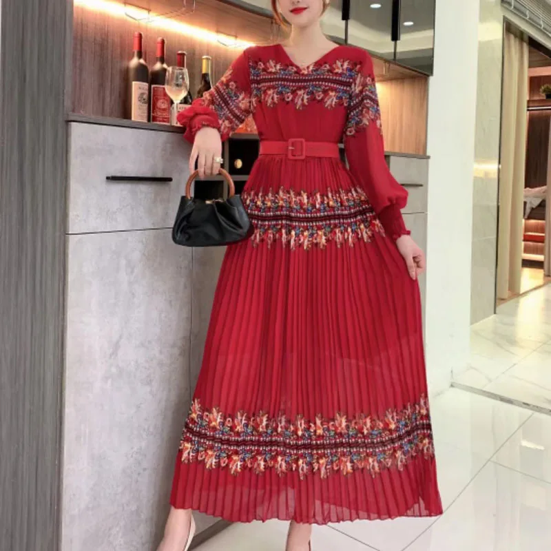 New Bohemian National Style Long Skirt Female Pleated V-neck Waist Holiday Dress M0018