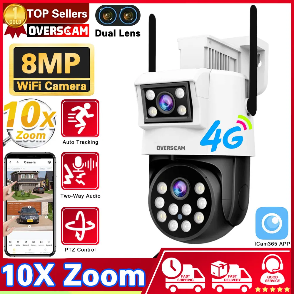 

10X PTZ Zoom IP Camera 4G Sim Card Outdoor PTZ 8MP HD Dual Lens Security CCTV Cam AI Human Tracking Color Night Vision ICam365