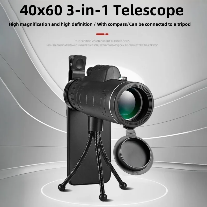 

Монокулярный телескоп 40X60, мощный бинокль ночного видения с увеличением высокой четкости и держателем для смартфона для охоты, кемпинга