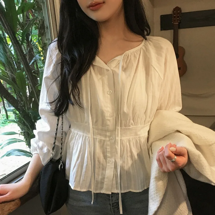 

Новая весенняя женская рубашка из чистого хлопка с длинным рукавом, свободного кроя, визуально стройнящая, с V-образным вырезом, во французском стиле, цвета конфет.