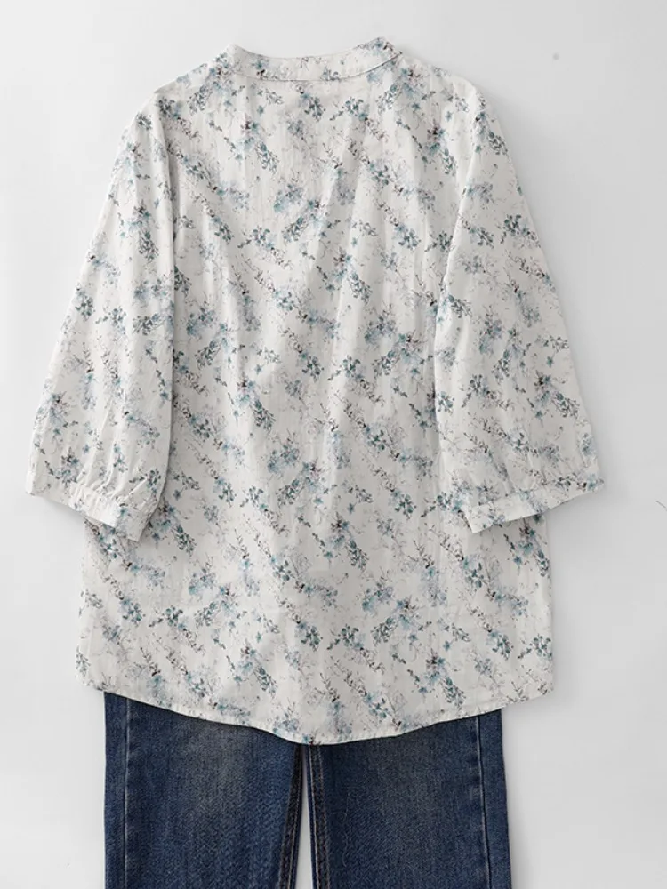 بلوزة نسائية صيفية فضفاضة بياقة عالية مطبوعة بالزهور من القطن الخالص بتصميم فني للمقاسات الكبيرة والمقاسات الخاصة