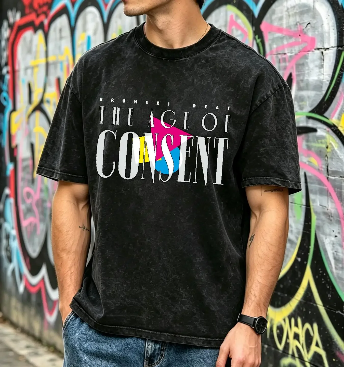 washed T Shirt BRONSKI BEAT THE AGE OF CONSENT NEW BLACK long or short sleeves vintage Washed homme Versatile Slightly