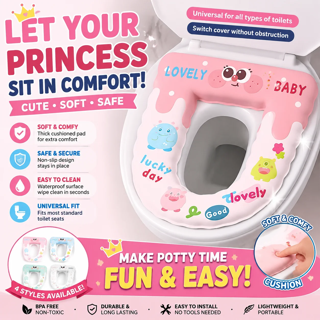 Cartoon toilet seat cushion for all seasons, waterproof and anti slip adhesive toilet seat cushion for household use