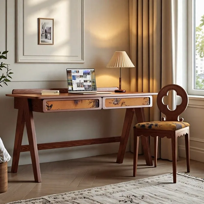 

esk and chair French retro writing table bedroom full solid wood computer table household light luxury makeup table