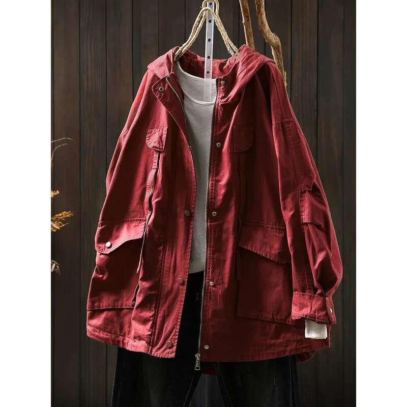 المرأة عادية معطف واقٍ من المطر جديد وصول 2025 الخريف خمر نمط بلون جيوب كبيرة فضفاضة الإناث القطن أساسيات السترات M1896 #3