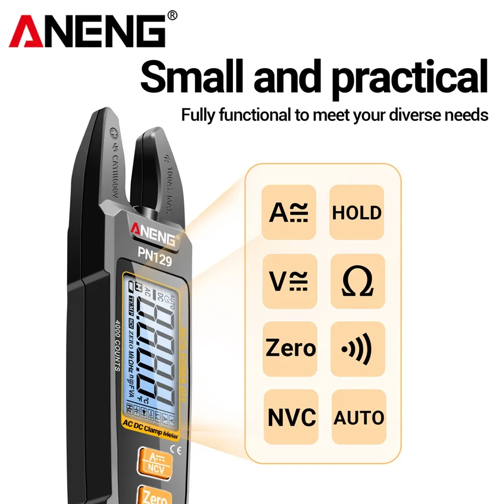 ANENG PN129 Clamp Meter U-shaped Smart 4000 Counts Multimeter AC/DC 600V Voltage Current Resistance NCV Sensing Test Tools