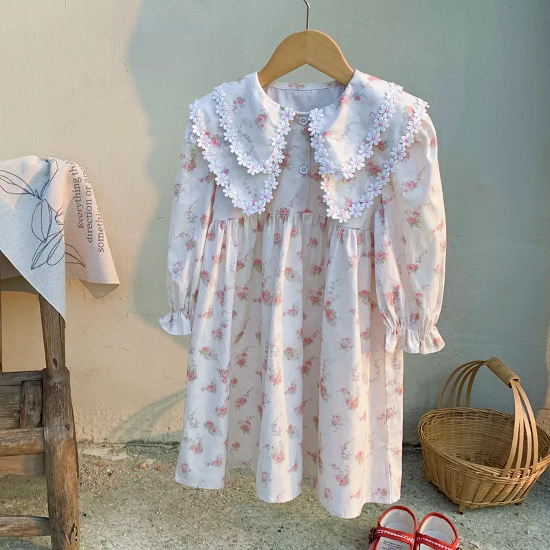

2025Autumn Children's Clothing Double Layer Collar French Print Girls Dress Sweet Children Princess Skirt