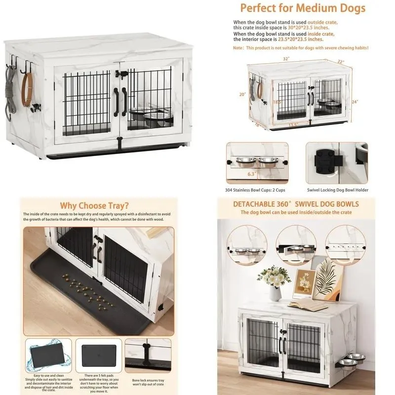 for Wooden dog crate furniture with 360 ° rotatable detachable dog bowl, dog crate coffee table with tray, double door kennel