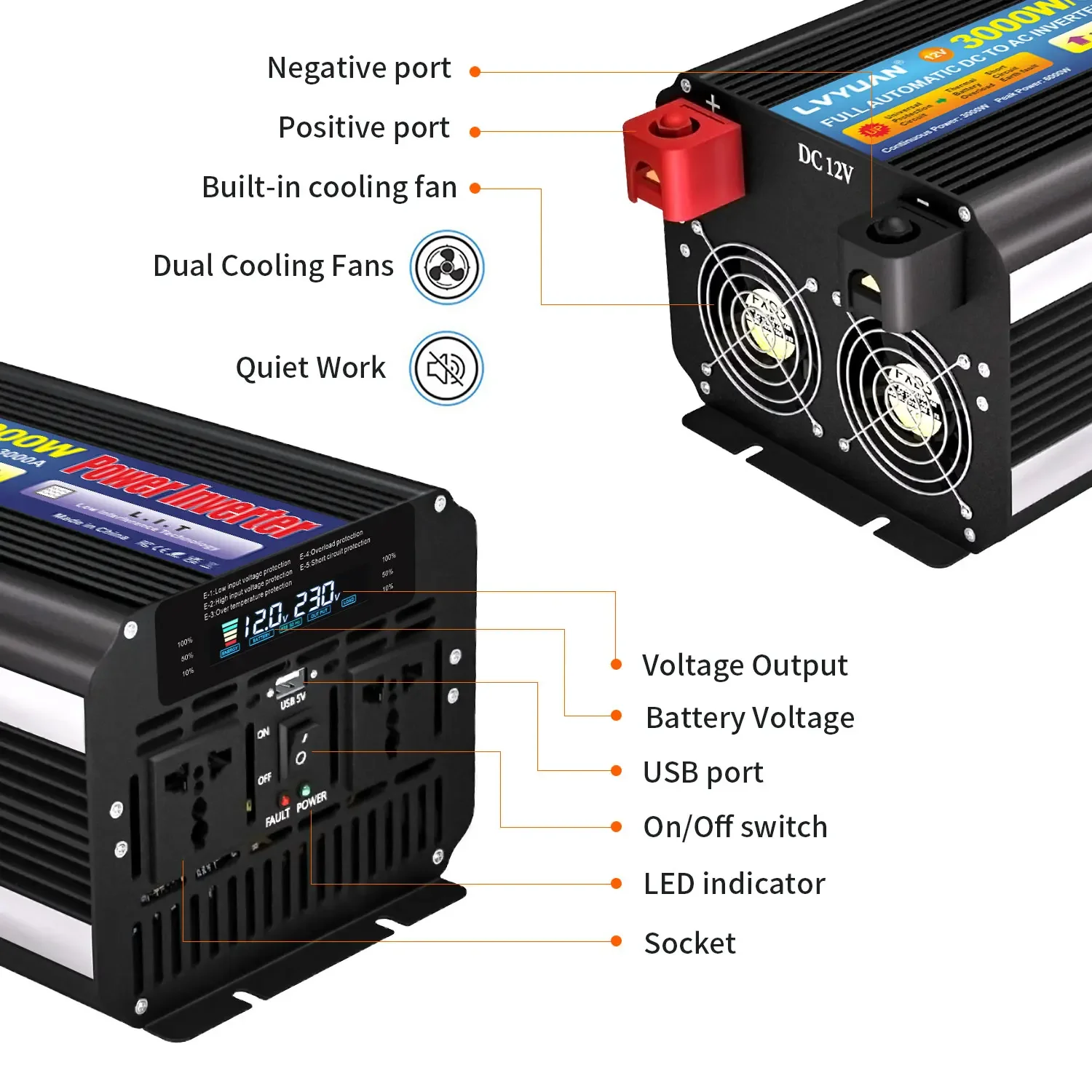 LVYUAN Power Inverter 5000W 6000W 8000W 12000W DC 12V 24V To AC 220V 110V 50HZ 60HZ Power Bank Converter Solar Car Inverter