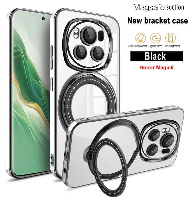 Magneitic Holder Plating TPU Back Cover Case for Honor Magic 6 Magic6 5G for Magsaft Suction Wiress Charing Bracket Cover Case image 2