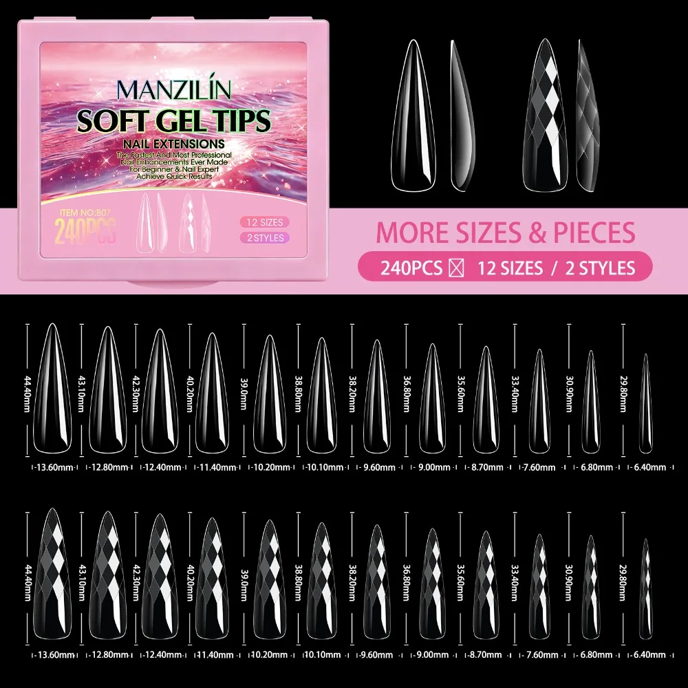 240pcs 3D Rhombus/Fish Scale Shape False Nail Tips 12 Sizes Shell/Almond Shape Gel Nail Tips Full Cover Quick Extension