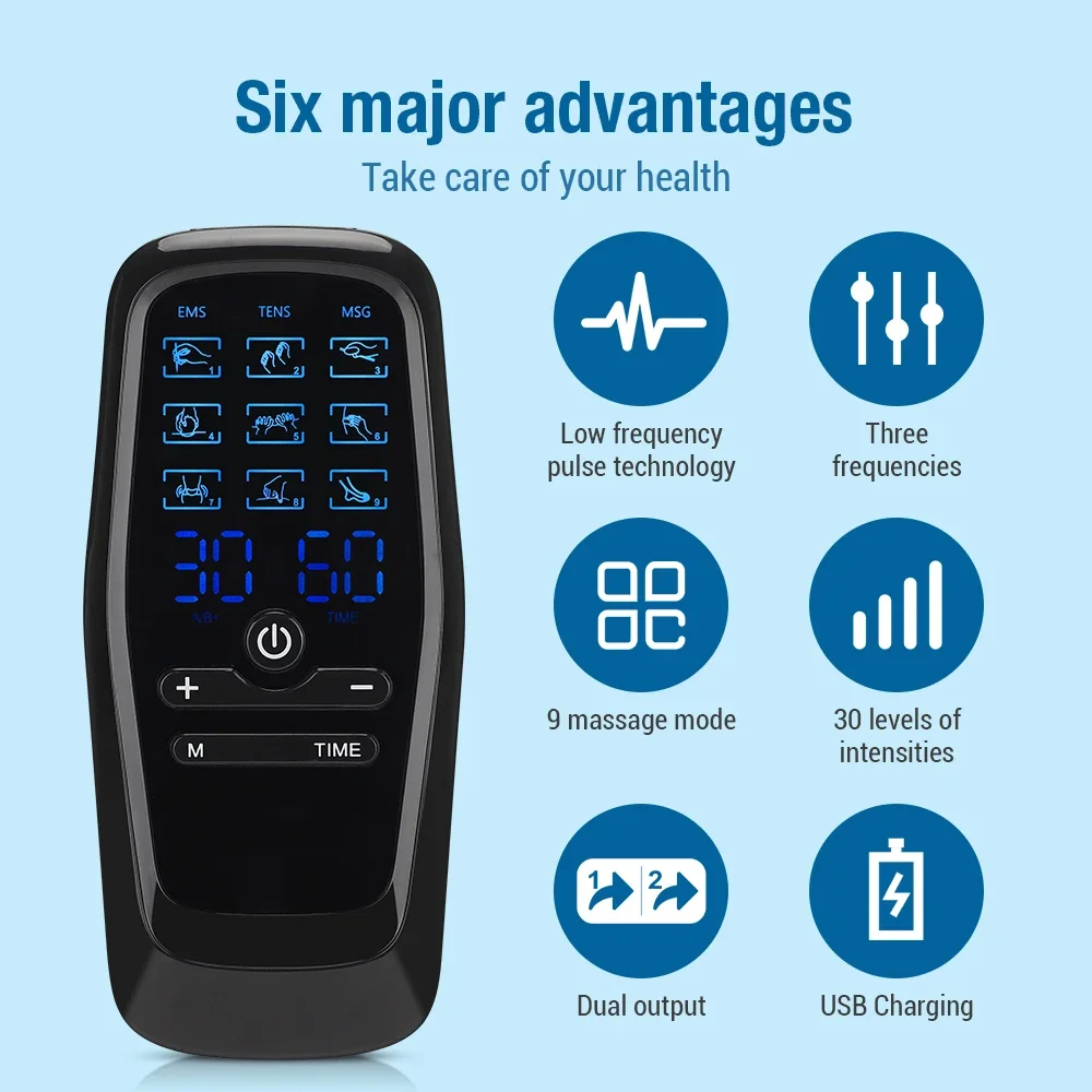 Electric Muscle Stimulator EMS & TENS Unit Pulse Massager for Back Neck Shoulder Knee Joints Full Body Relax 9 Modes 30 Gears