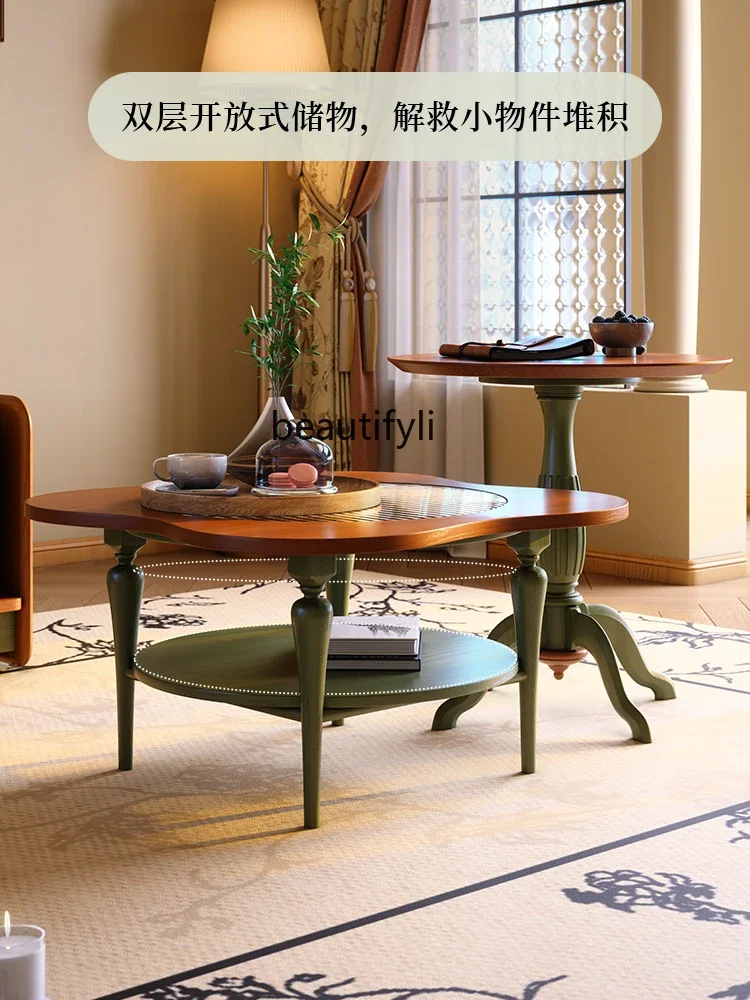 

ssK178 Coffee table French retro small apartment living room antique style, ash wood size round coffee table