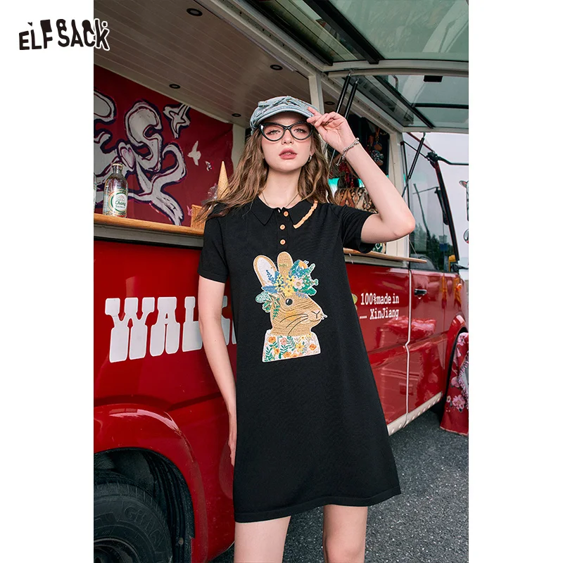 Elfsack 2024 Sommer Neuankömmlinge Polo Kragen niedlichen Kaninchen Print T-Shirt Kleid für Frauen