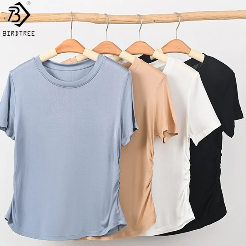 تي شيرت Birdtree 20% حرير 80% فسكوزي أساسيات صلبة ، تي شيرت نسائي بأكمام قصيرة ورقبة دائرية وخصر ملابس علوية ناعمة T59208JF